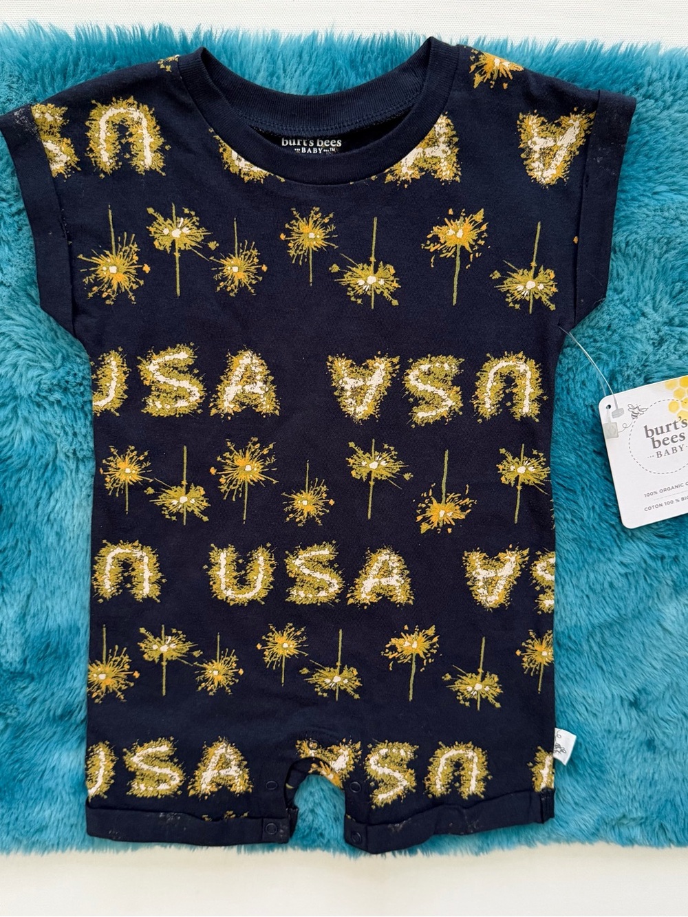 Burt's Bees Baby Navy Romper with Gold Floral Burst Print Size 12 Months